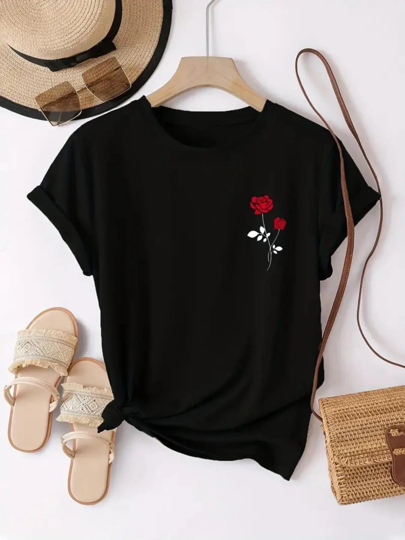 Women's Rose Print Round Neck Tee, Trendy Casual Short Sleeve T-shirt for Daily Wear, Ladies All Seasons Outfit Hoodie,...