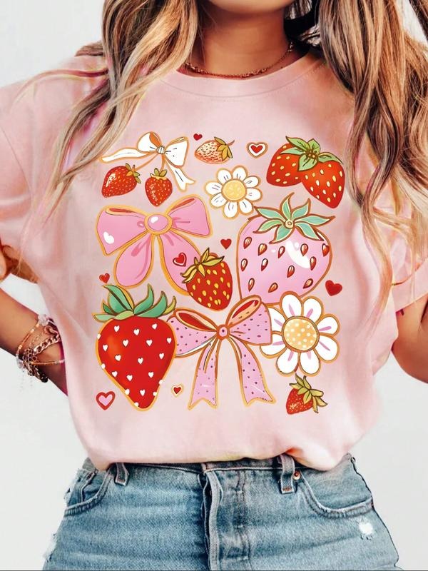 Women's Round Neck Cartoon Fruit Bow Tie Pattern T-Shirt, Summer Fashion Casual Lady Shirt, Daily Leisure Versatile...