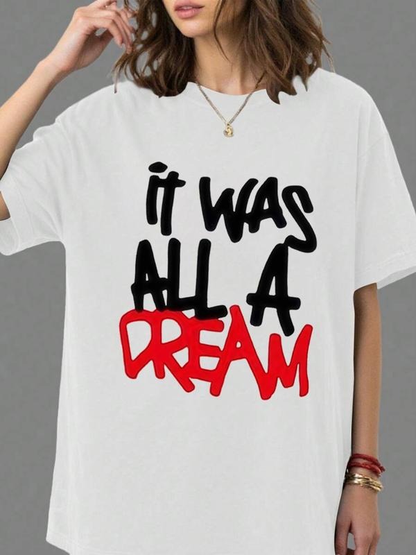 Women's Round Neck Letter Print Short Sleeve T-Shirt, Summer Casual Top, Comfortable Loose Fit, Daily Wear and Outdoor...