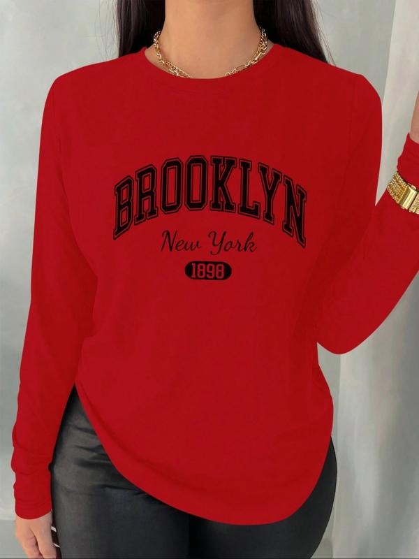 Women's Round Neck Long Sleeve T-Shirt, Brooklyn Letter Print Design, Spring & Fall Fashion Graphic Tee, Comfortable and...