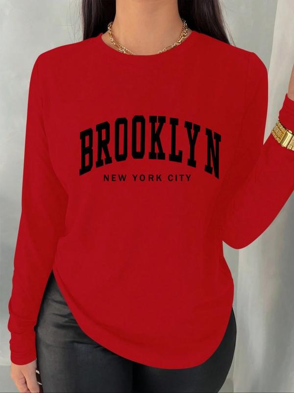 Women's Round Neck Long Sleeve T-Shirt, Brooklyn Letter Print, Comfortable Graphic Top for Spring & Fall, Casual Wear...