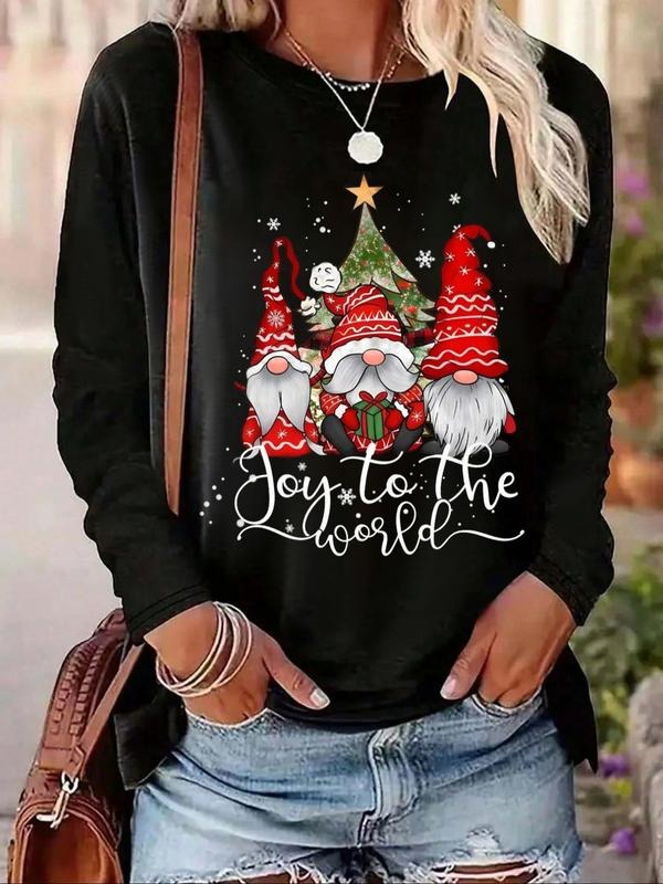 Women's Round Neck Long Sleeve T-Shirt, Christmas Santa & Tree Pattern, Spring & Fall Fashion Graphic Tee, Comfortable...
