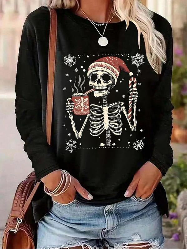 Women's Round Neck Long Sleeve T-Shirt, Christmas Skull Graphic Print, Comfortable Casual Top for Spring & Fall, Daily...
