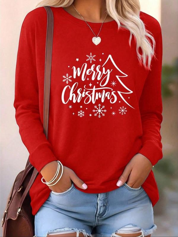 Women's Round Neck Long Sleeve T-Shirt, Christmas Tree Graphic Print, Comfortable Casual Top for Spring & Fall, Daily...