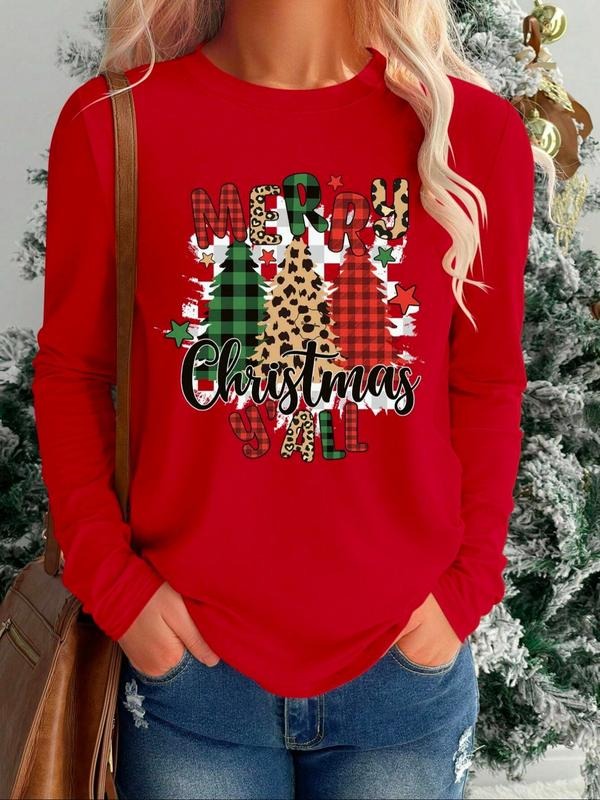 Women's Round Neck Long Sleeve T-Shirt, Christmas Tree Graphic Print, Spring & Fall Fashion, Comfortable and Trendy,...