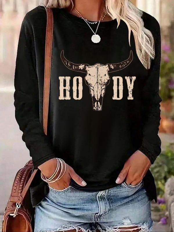 Women's Round Neck Long Sleeve T-Shirt, Leopard & Letter Graphic Print, Casual Fashion for Spring & Fall, Comfortable...