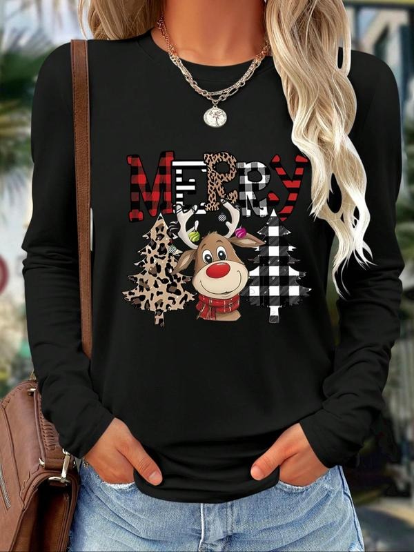 Women's Round Neck Long Sleeve T-Shirt, Leopard Print with Pearls, Spring & Fall Fashion, Comfortable and Trendy, Casual...