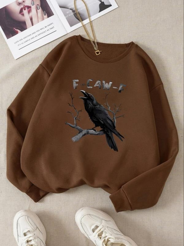 Women's Round Neck Loose Fit Fashion Cartoon Crow Print Pullover Sweatshirt, Casual Style, Fall & Winter Wear, Moderate...