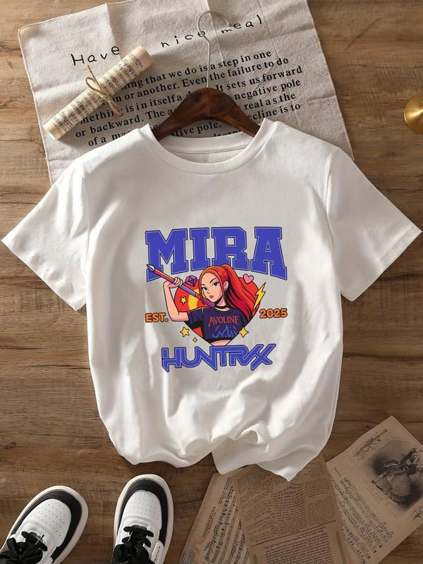 Women's Round Neck Short Sleeve T-Shirt, K-Pop Monster Hunter Group Print, Casual Fitted Top for All Seasons, Ladies'...