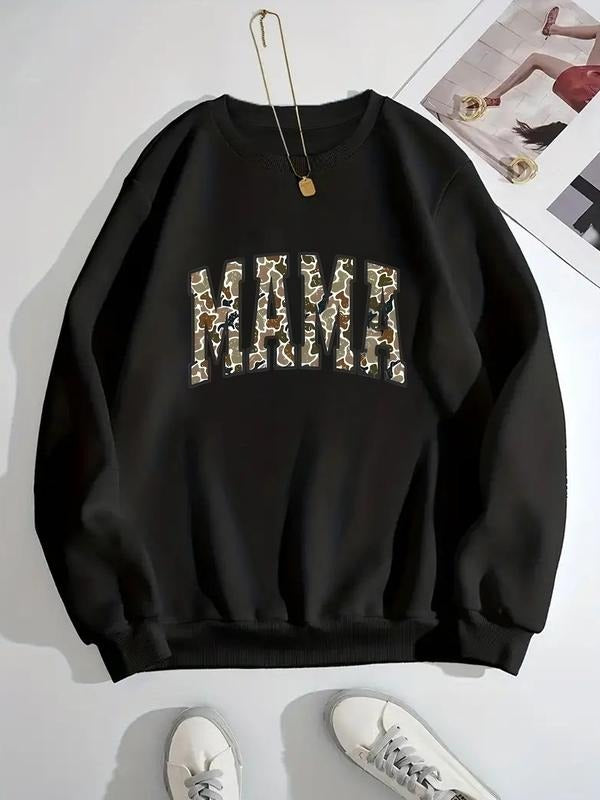 Women's Round Neck Sweatshirt, Mama Camo Letter Design, Comfortable Casual Fit, Fall & Winter Fashion, Trendy Mom...