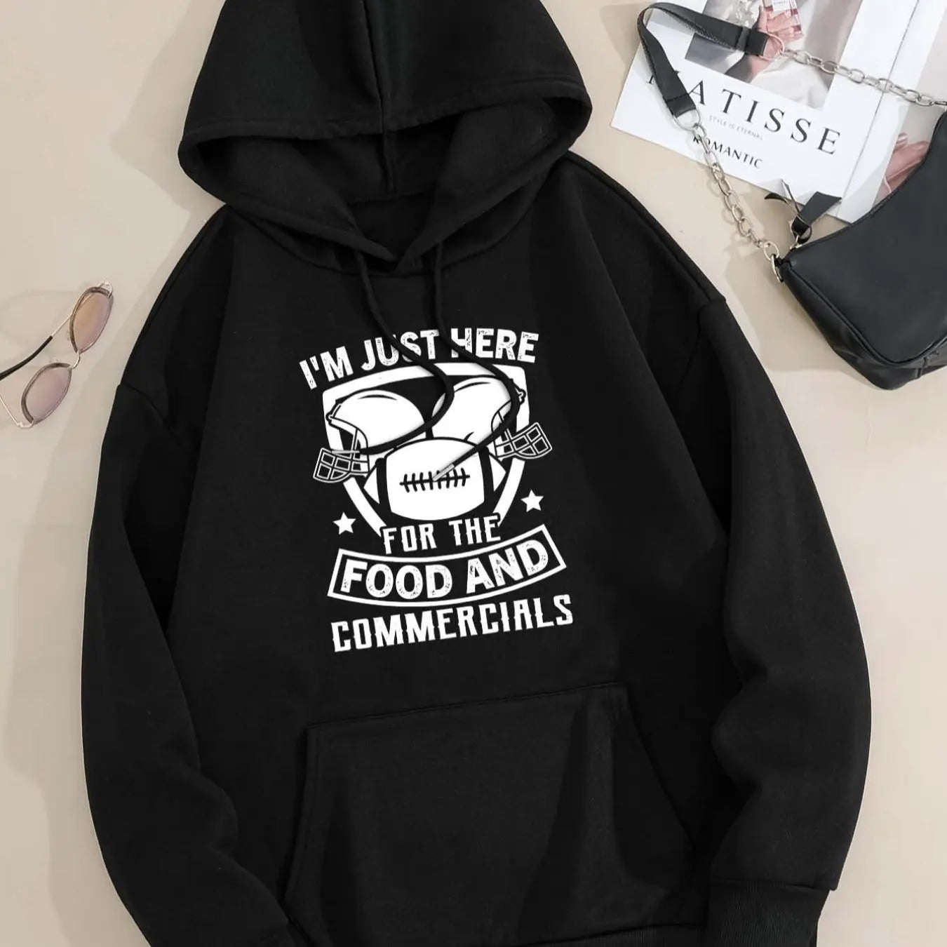 Women's Rugby & Letter Print Drop Shoulder Hoodie, Fashion Casual Drawstring Pocket Hooded Sweatshirt for Daily Holiday...