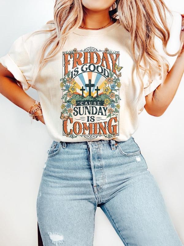 Women's Rugby & Letter Print Round Neck Graphic Tee, Vintage Trendy Casual Drop Shoulder Half Sleeve T-shirt for Daily...