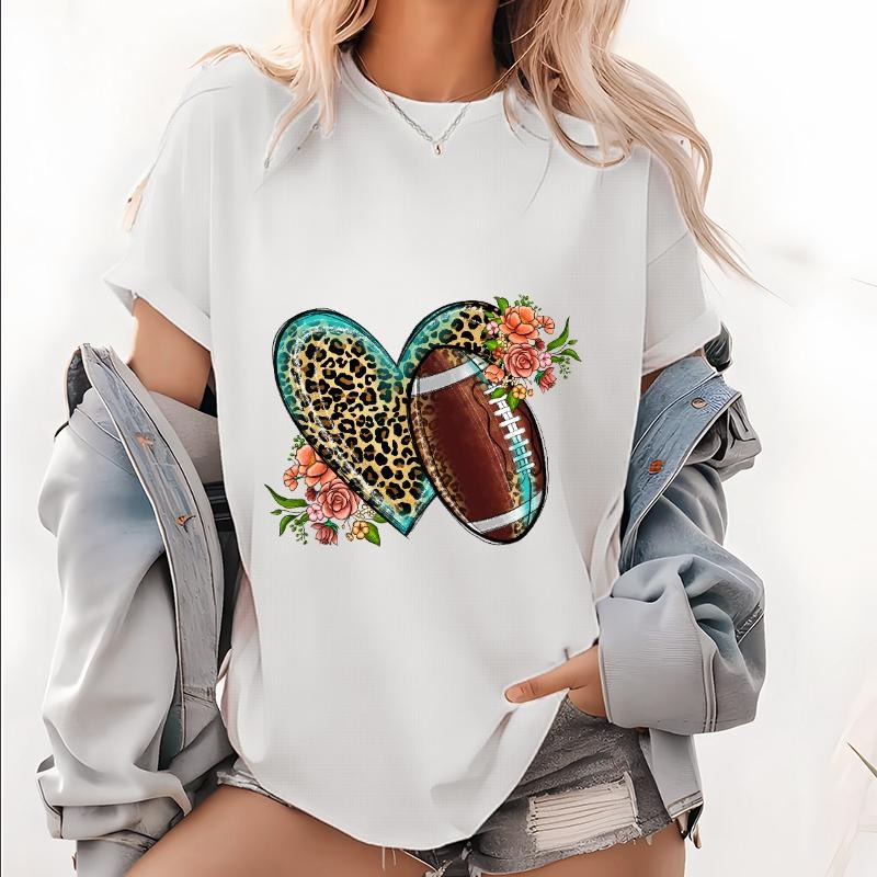 Women's Rugby Brown Love Print T Shirt Crew Neck Short Sleeved Top Tops for Women Trendy Hoodie, Sweatshirt