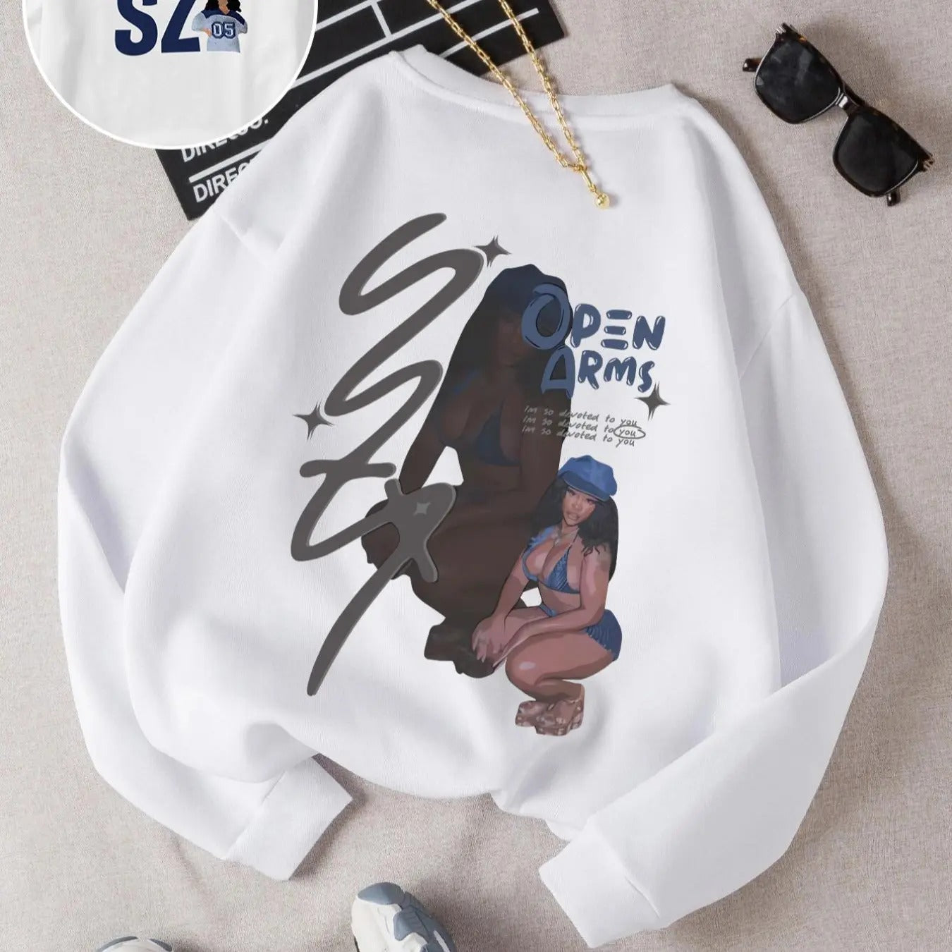Women's SZ Girl & Letter Print Drop Shoulder Sweatshirt, Casual Long Sleeve Regular Fit Pullover for Spring & Fall,...