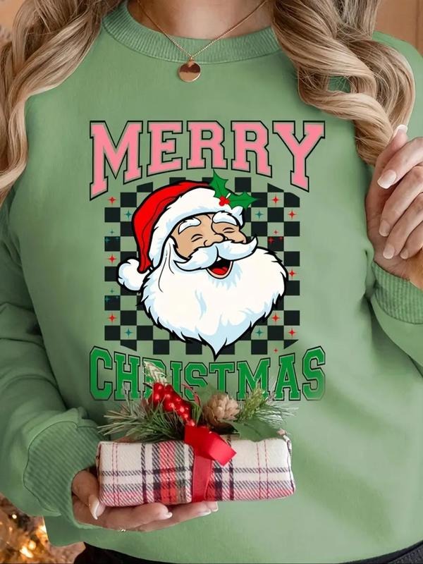 Women's Santa Claus & Letter Print Round Neck Sweatshirt, Casual Long Sleeve Pullover for Daily Wear, Ladies Round Neck...