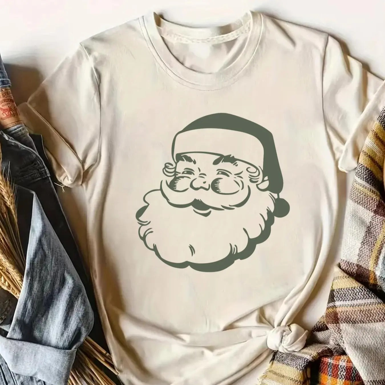 Women's Santa Claus Print Round Neck Graphic Tee, Vintage Trendy Casual Short Sleeve T-shirt for Daily Wear, Ladies...