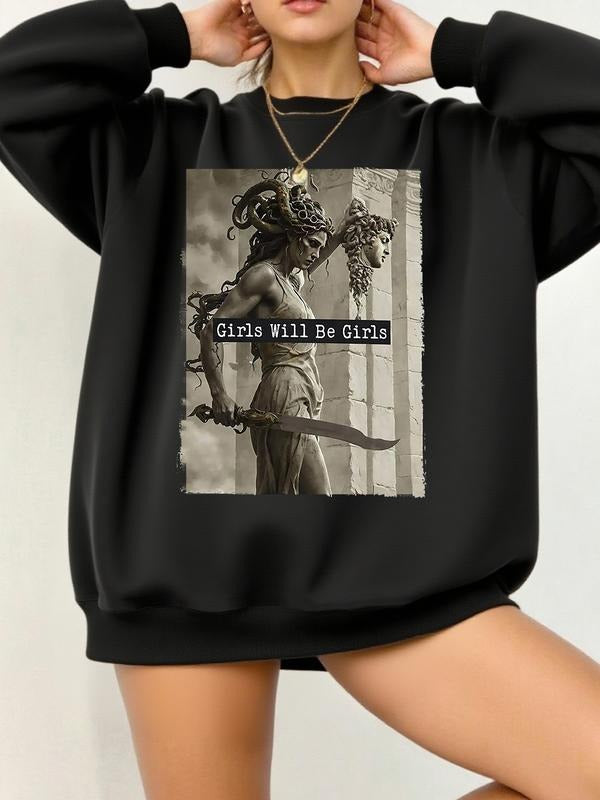 Women's Sculpture Woman Graphic Print Regular Fit Round Neck Long Sleeves Sweatshirt, Casual Top for Fall & Winter,...