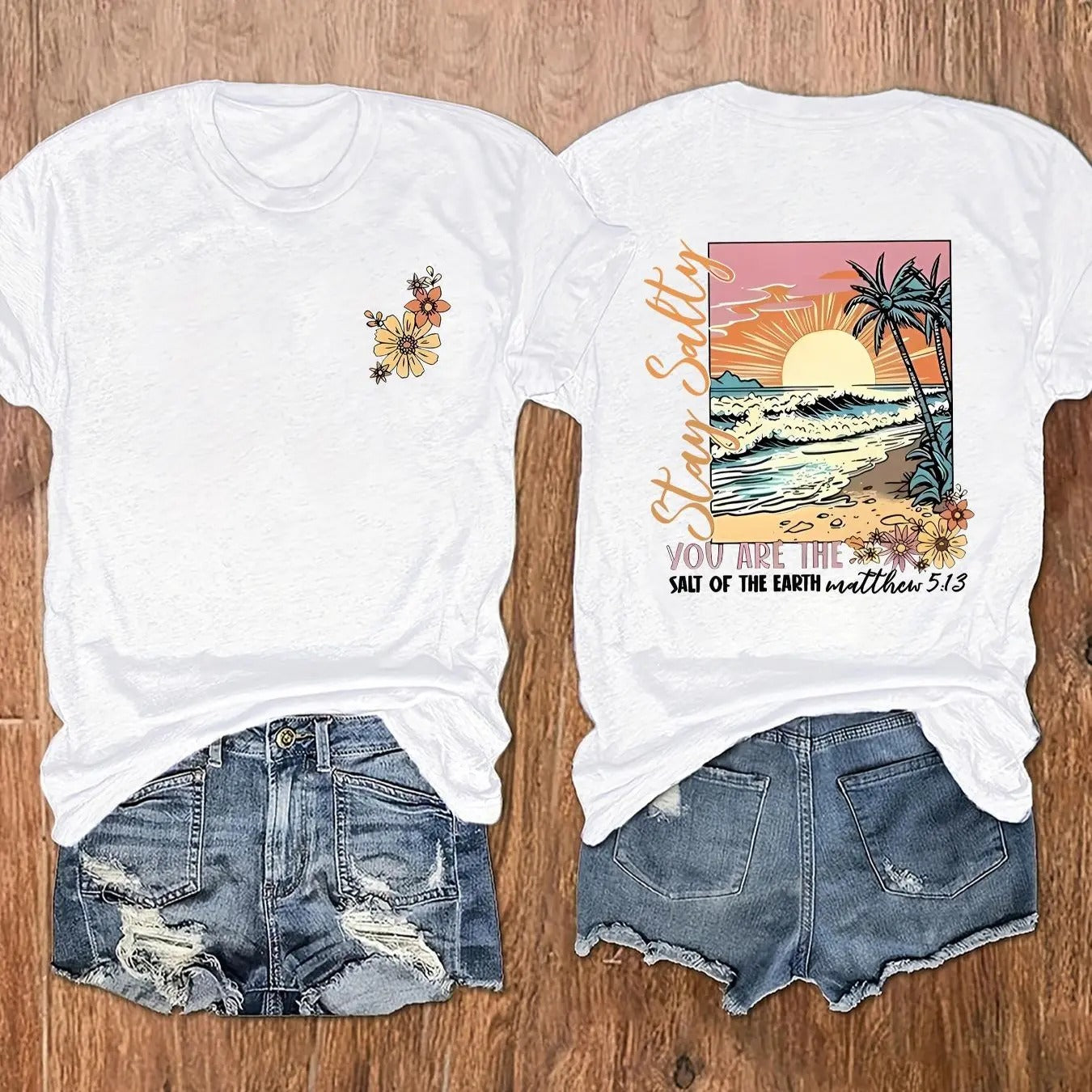 Women's Sea Landscape & Floral & Letter Print Round Neck Graphic Tee, Trendy Casual Short Sleeve T-shirt for Daily Wear,...