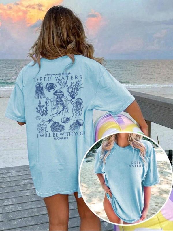 Women's Sea Life Print Curved Hem Tee, Casual Letter Graphic Short Sleeve T-Shirt for Summer, Ladies Clothes for Beach...