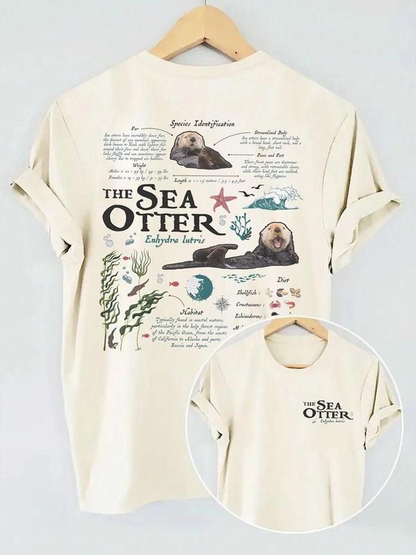 Women's Sea Otter Print Round Neck Tee, Vintage Trendy Casual Short Sleeve T-shirt for Daily Wear, Ladies Summer, Tops...