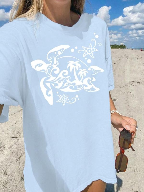 Women's Sea Turtle Print Round Neck Tee, Vintage Trendy Casual Short Sleeve T-shirt for Daily Wear, Ladies Summer, Top...