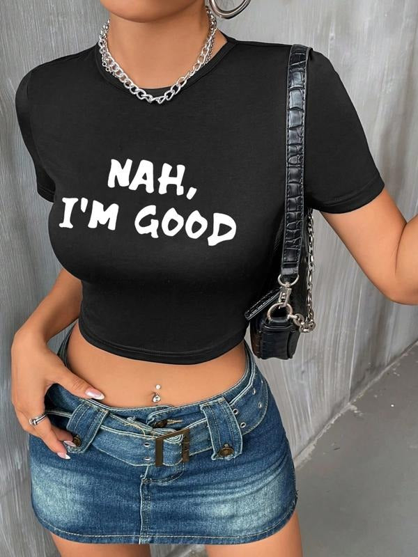 Women's Sexy Slim Fit Casual Summer T-Shirt, Letter Print Design, Tight-Fitting Polyester Fabric, Perfect for Daily Wear...