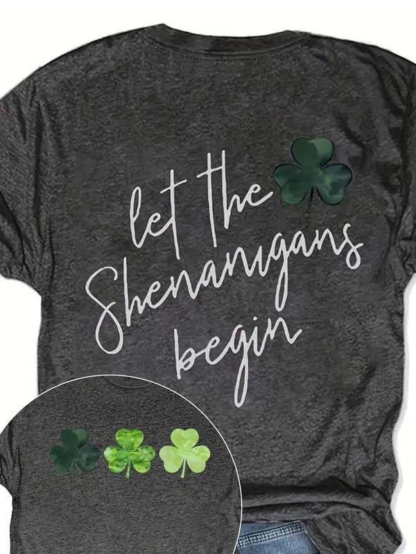 Women's Shamrock & Letter Print Round Neck Tee, Casual Short Sleeve Crew Neck T-Shirt for Summer, Fashion Women's Top for...