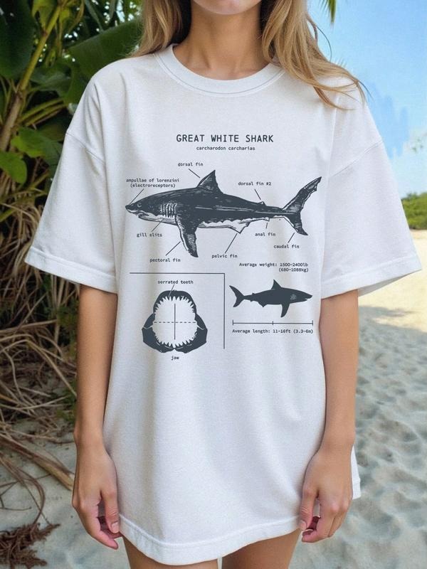 Women's Shark & Letter Print Regular Fit Short Sleeve T-shirt, Preppy Casual Stylish Top for Summer, Casual Tee for Beach...