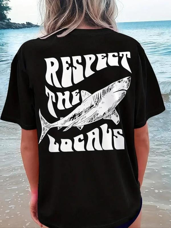 Women's Shark & Letter Print Round Neck Tee, Casual Short Sleeve Crew Neck T-Shirt for Summer, Fashion Women's Top for...