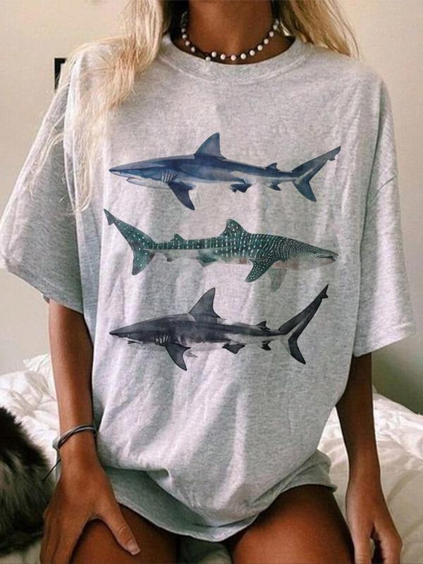 Women's Shark Print Round Neck Tee, Casual Drop Shoulder Short Sleeve T-shirt for Summer, Ladies Clothes for Daily Wear...