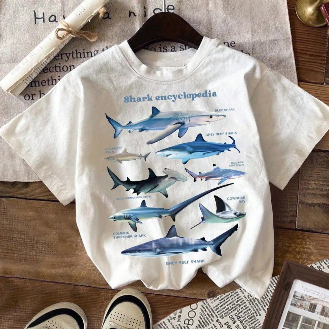 Shark Print Round Neck Casual Short Sleeve Crew Neck Summer Top Daily Wearstyle{N002}3 T-Shirts, Hoodie, Sweatshirt