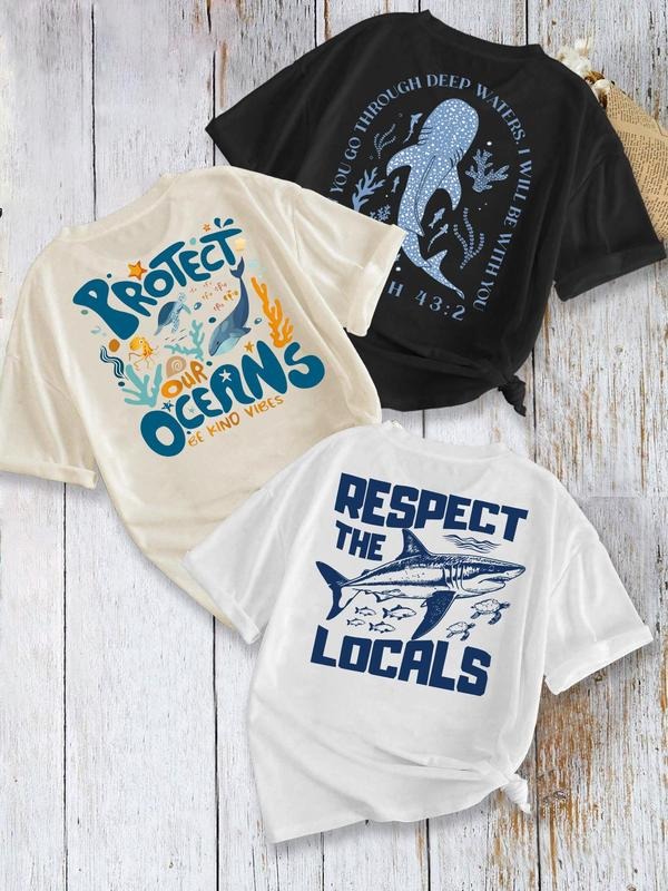 Women's Shark Print Tee, Casual Short Sleeve T-shirt for Summer, Ladies Clothes for Daily Wear, Top Hoodie, Sweatshirt