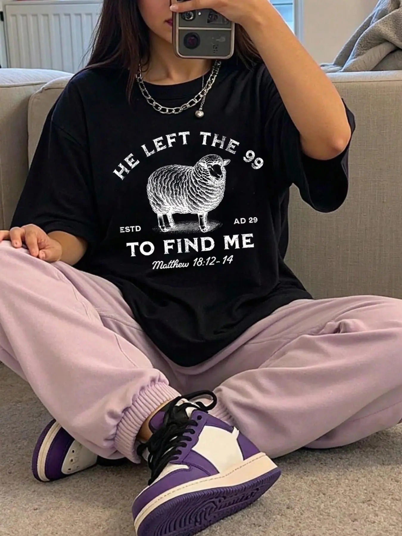 Women's Sheep & Slogan Print Round Neck Tee, Fashion Casual Crew Neck T-Shirt for Daily Holiday Vacation Outdoor Wear,...