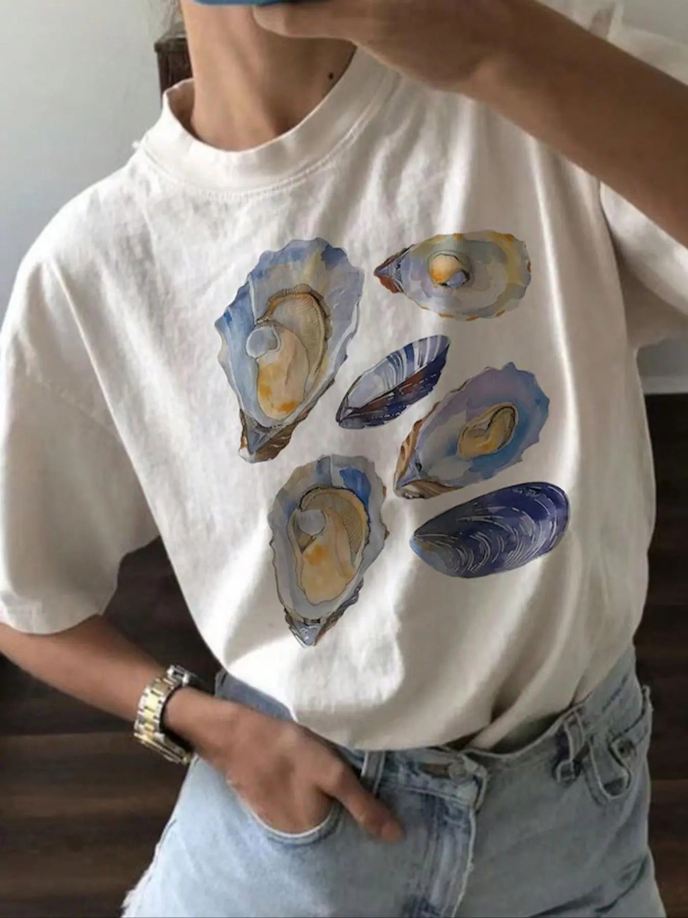 Women's Shell Print Round Neck  Tee, Vintage Trendy Casual Drop Shoulder Half Sleeve T-shirt for Daily Wear, Ladies All...