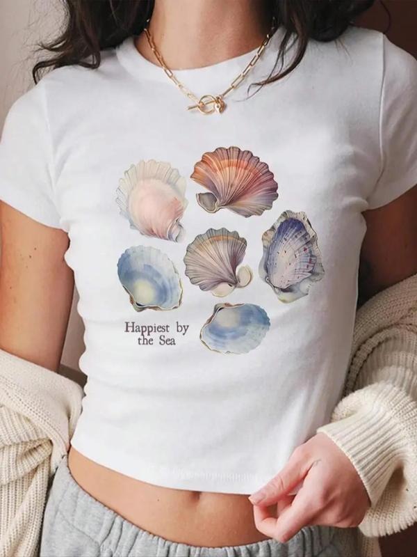 Women's Shell Print Round Neck Tee, Casual Short Sleeve Crew Neck T-shirt for Summer, Fashion Women's Top for Daily Wear...