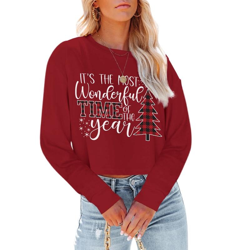 Women's Short T-shirt Merry Christmas Long Sleeve Short Top Happy New Year Gift Graphic Printed T-shirt Hoodie, Sweatshirt