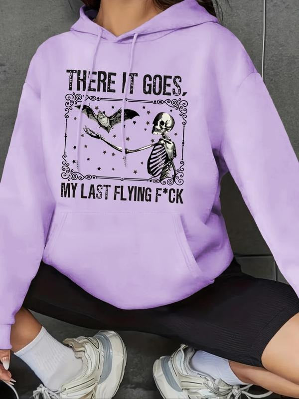 Women's Skeleton & Bat Print Drop Shoulder Hoodie, Fashion Casual Letter Graphic Drawstring Pocket Hooded Sweatshirt for...