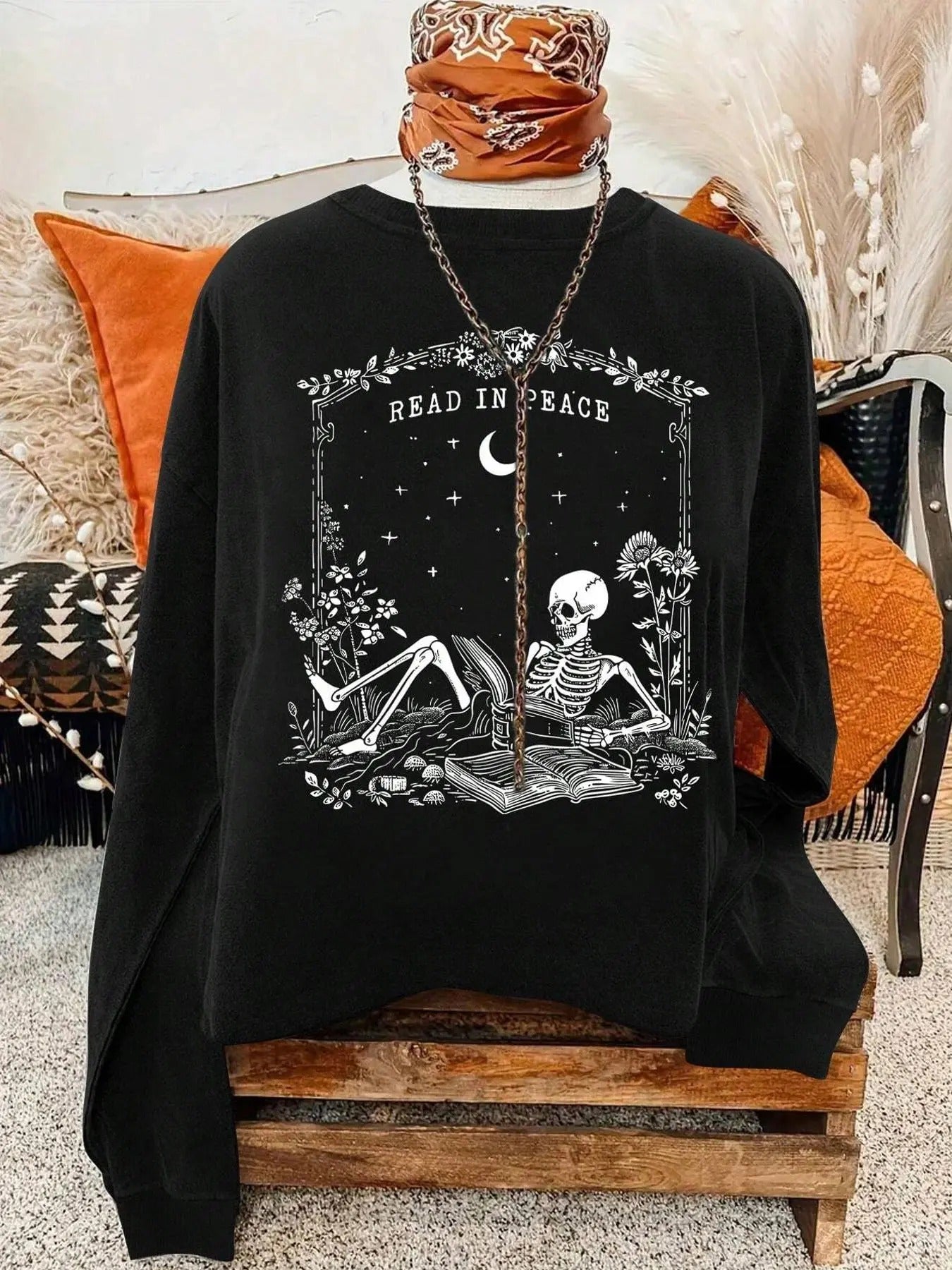 Women's Skeleton & Book Print Round Neck Sweatshirt, Casual Letter Graphic Long Sleeve Pullover for Fall & Winter,...