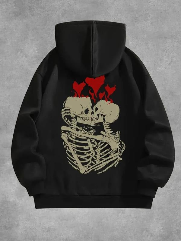 Women's Skeleton & Heart Print Drop Shoulder Hoodie, Fashion Casual Drawstring Pocket Hooded Sweatshirt for Daily Holiday...
