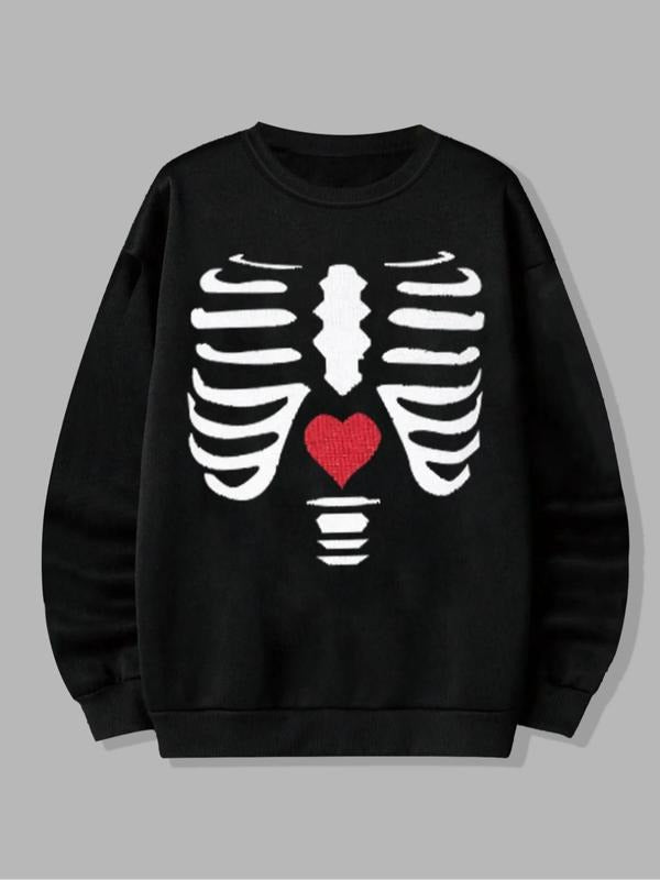 Skeleton & Heart Print Drop Shoulder Casual Long Sleeve Round Neck Fall & Winter Clothes Daily T-Shirts, Hoodie, Sweatshirt