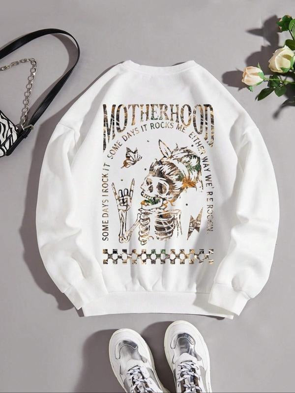 Women's Skeleton & Letter Print Crew Neck Pullover, Fashion Casual Heart Print Sweatshirt for Daily Holiday Outdoor Wear,...