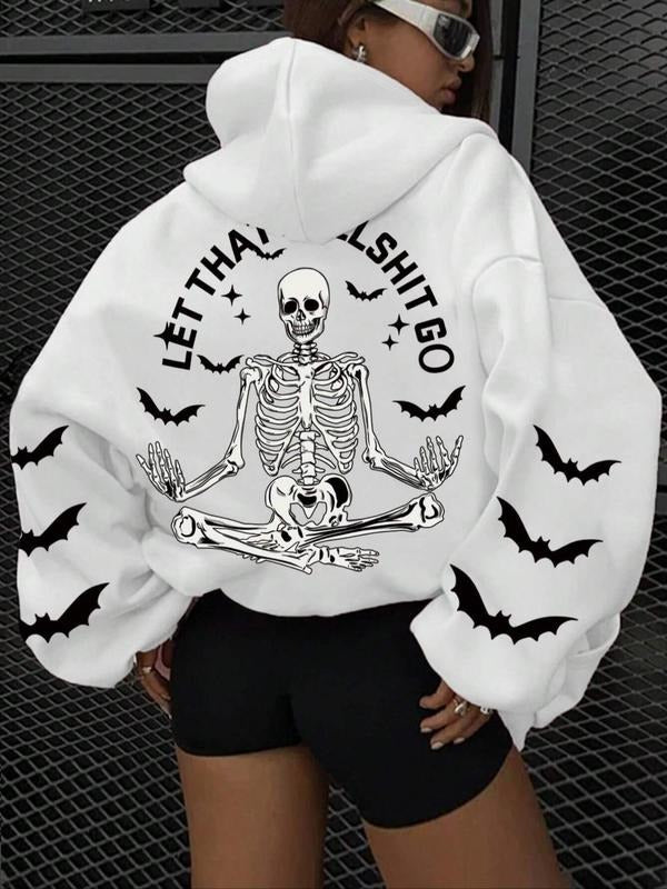 Women's Skeleton & Letter Print Drop Shoulder Hoodie, Fashion Casual Drawstring Pocket Hooded Sweatshirt for Daily...