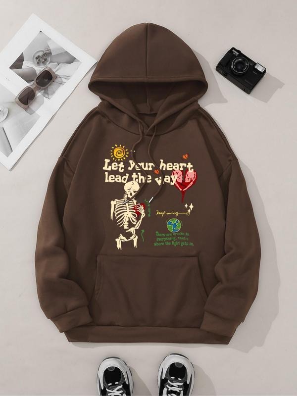 Women's Skeleton & Letter Print Drop Shoulder Hoodie, Fashion Casual Drawstring Pocket Hooded Sweatshirt for Daily...