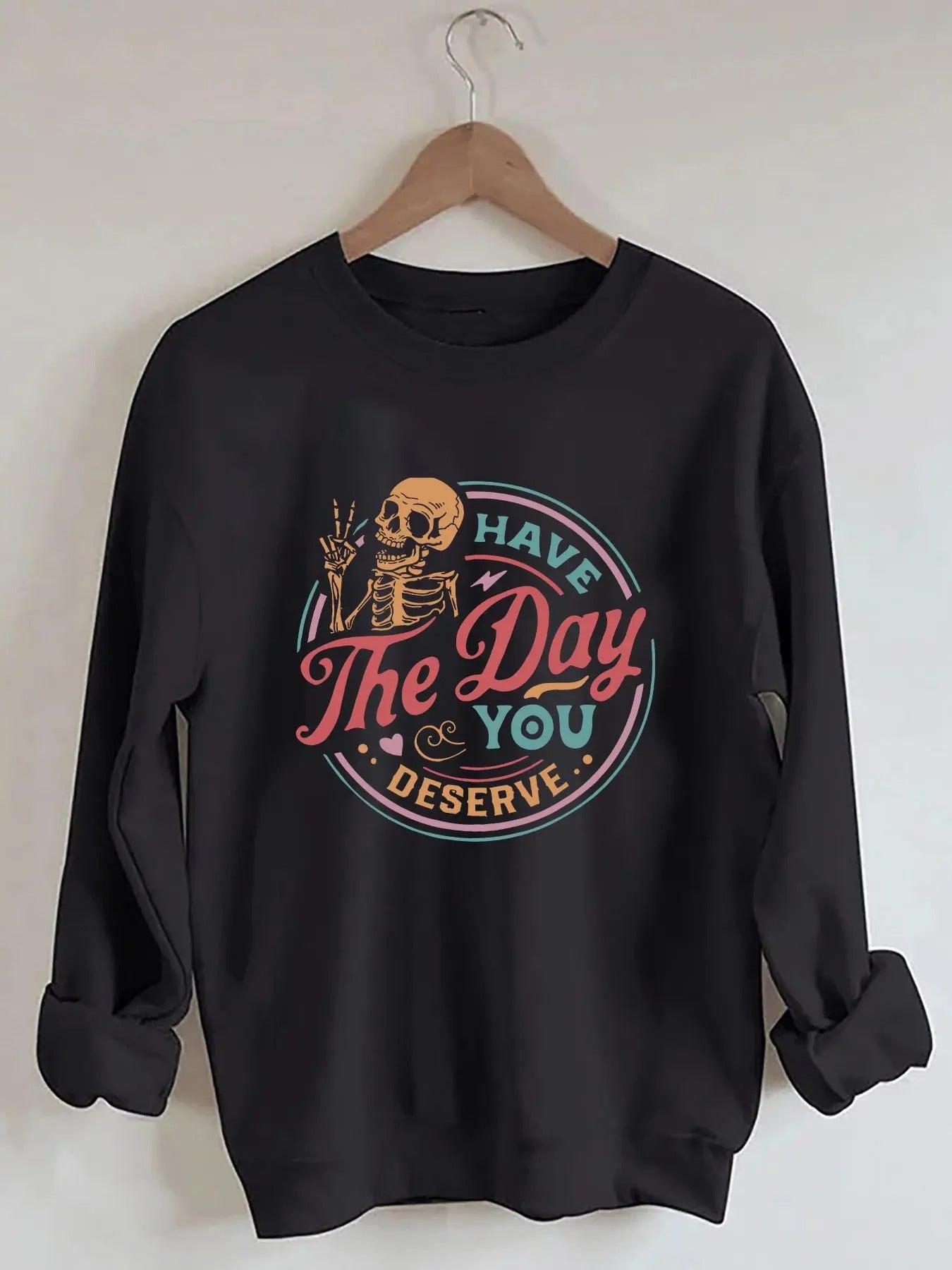 Women's Skeleton & Letter Print Drop Shoulder Sweatshirt, Casual Long Sleeve Round Neck Pullover for Fall, Ladies Clothes...
