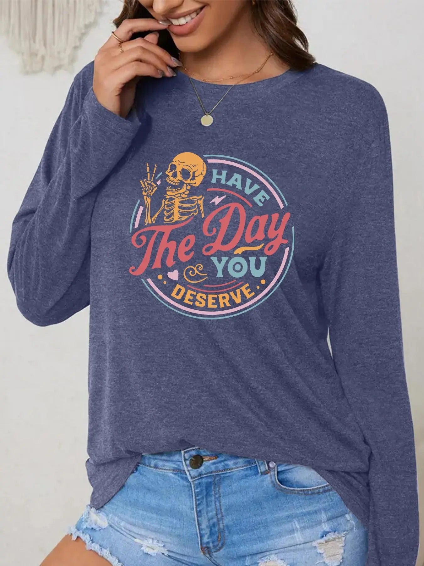 Women's Skeleton & Letter Print Drop Shoulder Tee, Casual Long Sleeve Round Neck T-Shirt for Fall & Winter, Women's Top...