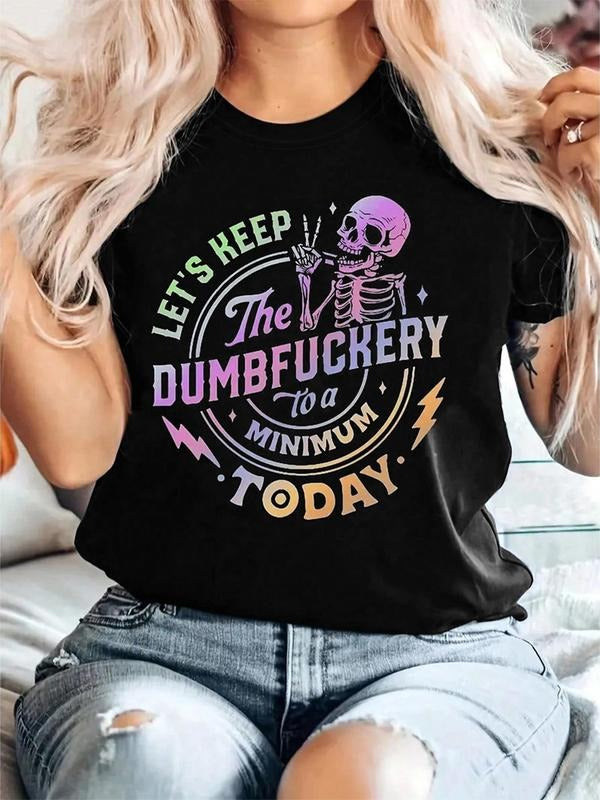 Women's Skeleton & Letter Print Round Neck Graphic Tee, Vintage Trendy Casual Short Sleeve T-shirt for Daily Wear, Ladies...