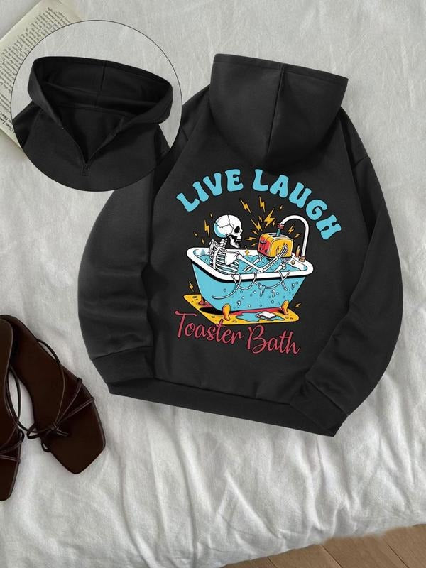 Women's Skeleton & Letter Print Zip Up Hoodie, Fashion Casual Drop Shoulder Long Sleeve Hooded Sweatshirt for Daily...