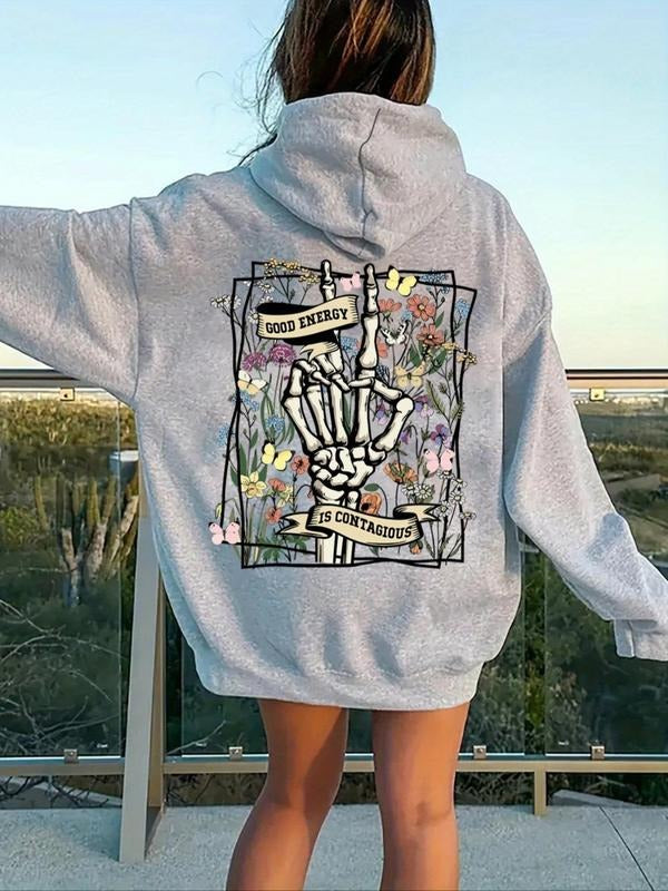 Women's Skeleton Hand & Floral Print Hoodie, Fashion Casual Long Sleeve Hooded Sweatshirt for Daily Holiday Outdoor Wear,...