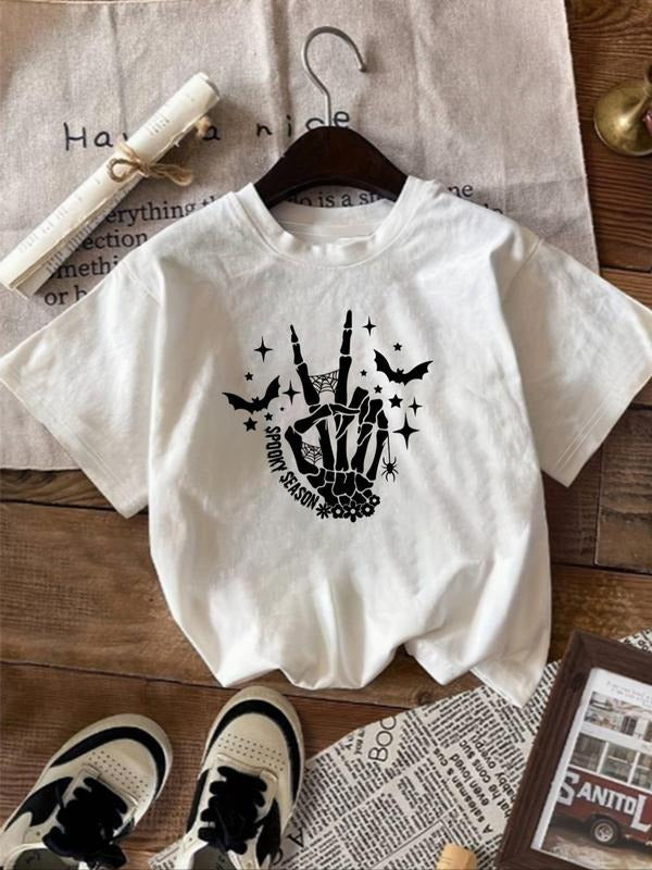 Women's Skeleton Hand & Letter Print Round Neck Tee, Casual Short Sleeve Crew Neck T-shirt for Summer, Fashion Women's...