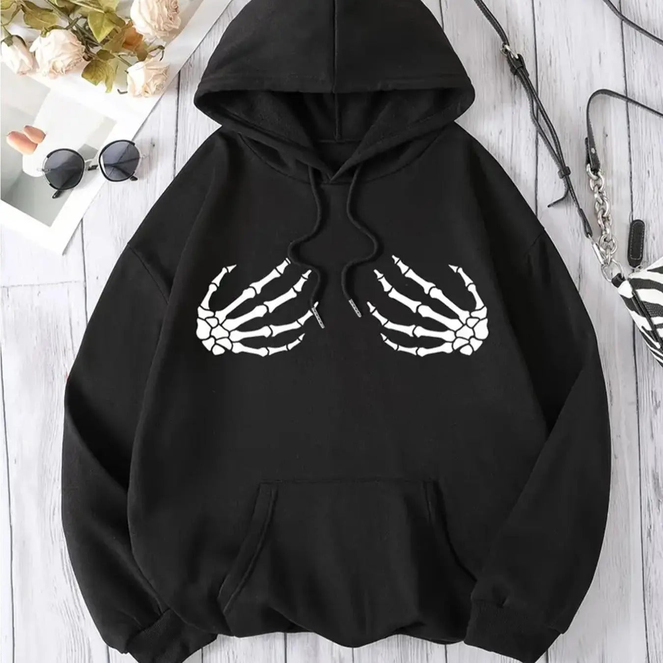 Women's Skeleton Hand Print Drop Shoulder Hoodie, Fashion Casual Drawstring Pocket Hooded Sweatshirt for Daily Holiday...